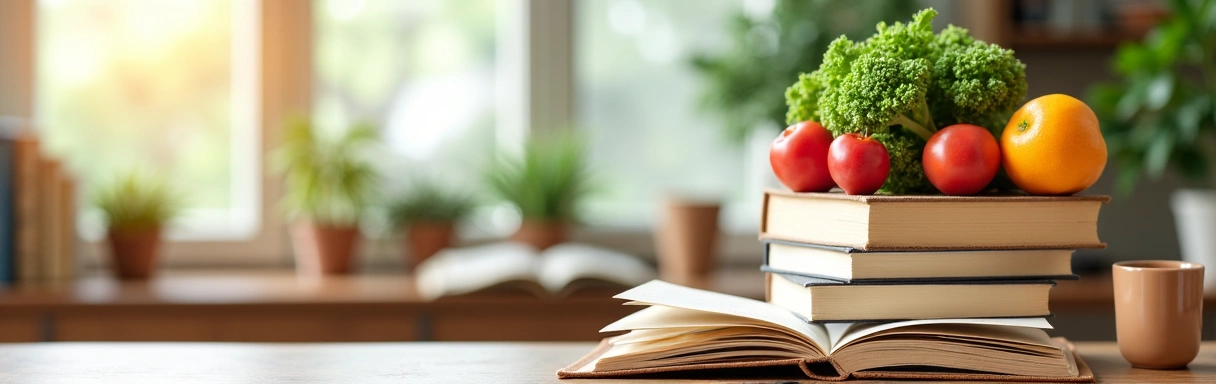 Ein Bild, das Wissen, Bücher und gesunde Lebensmittel darstellt, symbolisiert umfassende Ernährungsberatung.