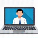 Icon für Online-Sprechstunden, dargestellt durch eine Videokonferenz auf einem Laptop.